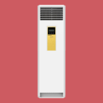 White floor standing air conditioner unit with vents at the top and a digital control panel on a yellow insert set against a red background