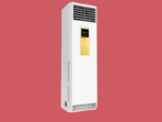 White floor standing air conditioner with top vents a black control panel and a yellow note attached to the front set against a red background