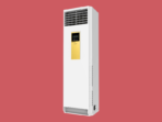 White floor standing air conditioner with a black vent at the top and a gold control panel set against a reddish background