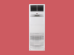 White floor standing air conditioner with horizontal vents and a control panel on a red background