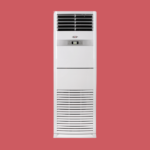 White floor standing air conditioner with horizontal vents and a control panel on a red background