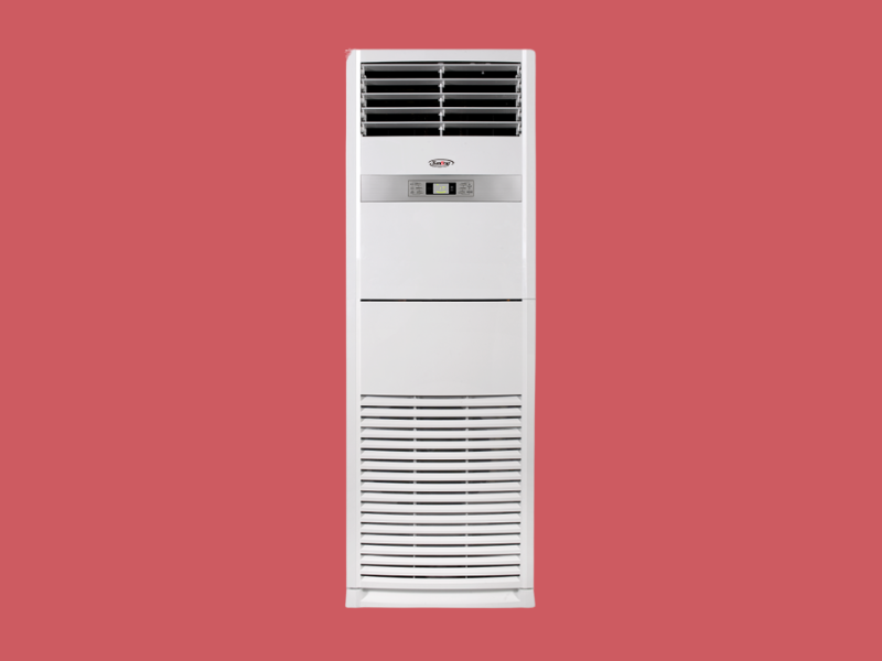 White floor standing air conditioner with horizontal vents and a control panel on a red background