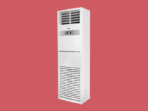White floor standing air conditioner unit with vented top and bottom grills standing against a muted red background