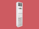 Tall white floor standing air conditioner with vented top and bottom sections against a red background