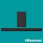 Black Hisense soundbar with a tall subwoofer against a teal background Hisense logo visible bottom right