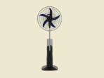 Tall pedestal fan with blue blades and a black base against a beige background