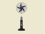 Standing pedestal fan with blue blades and a black base on a pale background showing a digital control panel on the stand