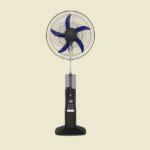 Standing pedestal fan with blue blades and a black base on a pale background showing a digital control panel on the stand