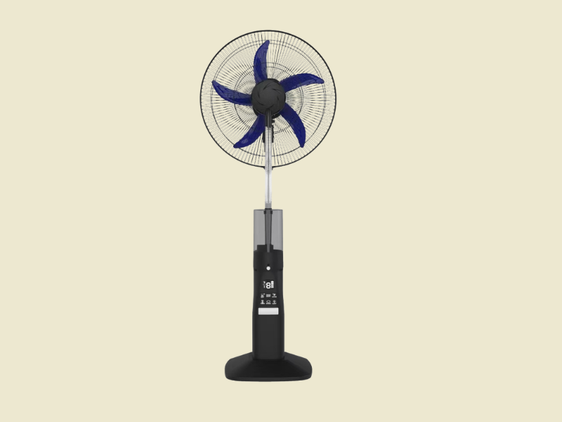Standing pedestal fan with blue blades and a black base on a pale background showing a digital control panel on the stand