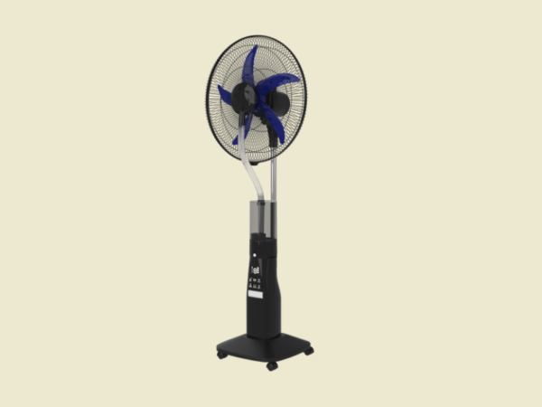Pedestal fan with a black base and blue blades on a wheeled stand against a pale background, showing its tall height and protective grille.