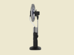 Black pedestal fan with adjustable height circular base and tilting head on a beige background