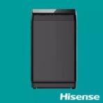 Tall black Hisense front loading washing machine on a teal background with the Hisense logo seen in the corner