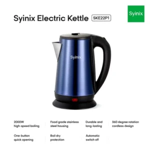 Syinix Electric Kettel 200w showing its specifications and features Stainless kettle