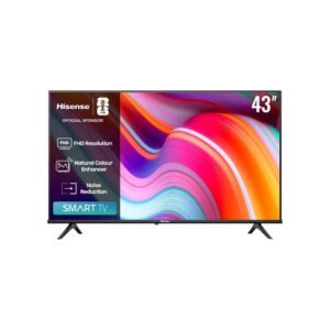 Hisense 43 inch TV with a vibrant multicolor screen and thin bezel shown on two legs