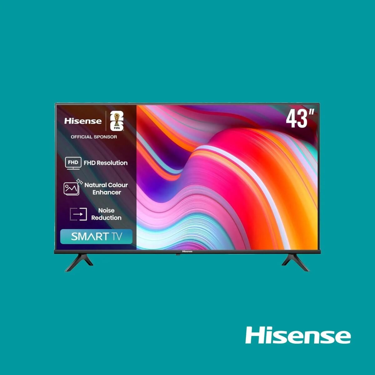 Teal background with a 43 inch Hisense smart TV displaying vibrant abstract wallpaper
