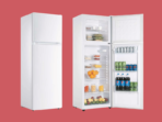 White two door refrigerator left unit closed right unit open showing shelves with fruits vegetables and bottled drinks on a red background