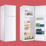 White two door refrigerator left unit closed right unit open showing shelves with fruits vegetables and bottled drinks on a red background