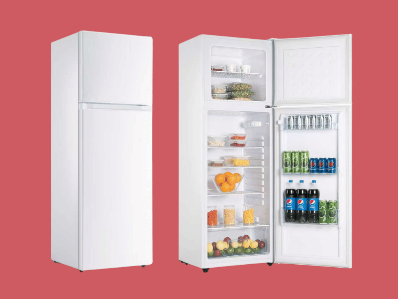 White two door refrigerator left unit closed right unit open showing shelves with fruits vegetables and bottled drinks on a red background