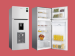 Two door refrigerator set on a red background left unit has a water dispenser right unit open to show shelves with food and drinks inside