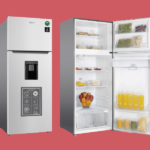Two door refrigerator set on a red background left unit has a water dispenser right unit open to show shelves with food and drinks inside
