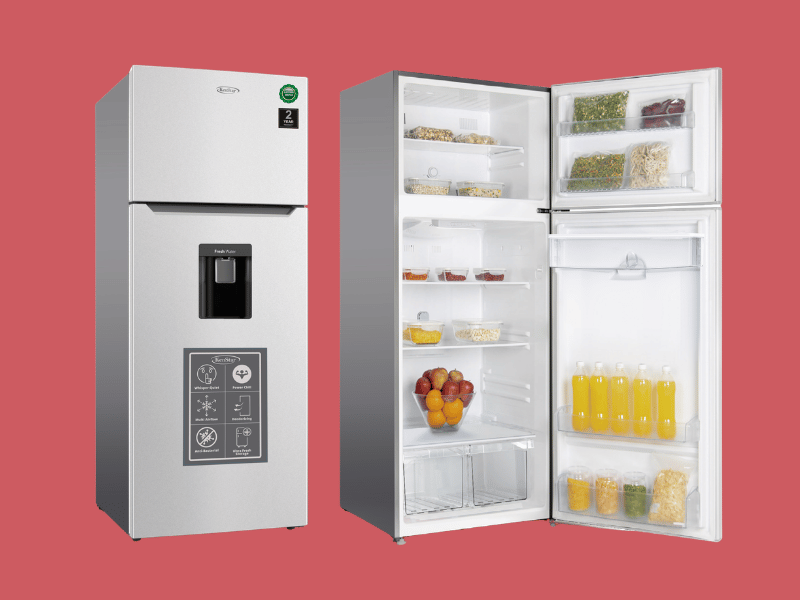 Two door refrigerator set on a red background left unit has a water dispenser right unit open to show shelves with food and drinks inside