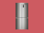 Stainless steel four door refrigerator with French doors and bottom freezer brand logo visible on the top right shown on a red background