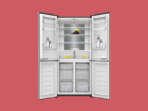 Open multi door refrigerator with upper fresh food section and bottom freezer drawers stocked with fruit and bottles