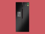 Tall black side by side refrigerator with a slim vertical dispenser and brand stickers on the right door
