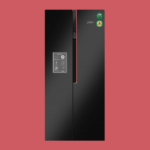 Tall black side by side refrigerator with a slim vertical dispenser and brand stickers on the right door