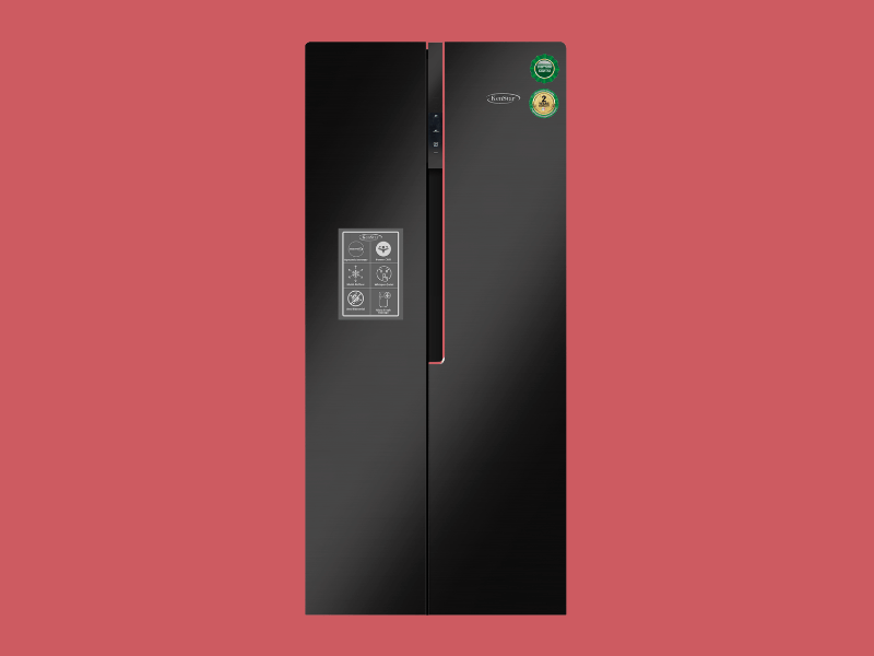Tall black side by side refrigerator with a slim vertical dispenser and brand stickers on the right door