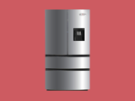 KenStar stainless steel French door refrigerator with water dispenser on the right door and two bottom freezer drawers on a red background