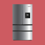 KenStar stainless steel French door refrigerator with water dispenser on the right door and two bottom freezer drawers on a red background