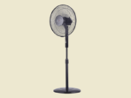 Black pedestal fan with a circular grille and an adjustable height stand on a round base against a beige background