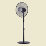 Black pedestal fan with a circular grille and an adjustable height stand on a round base against a beige background