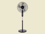 Black pedestal fan with circular grille on a beige background informative