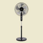 Black pedestal fan with circular grille on a beige background informative