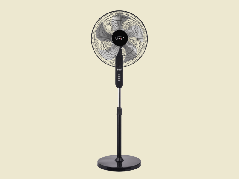 Kenstar 18Inch Standing Fan With Timer KS418TX | Mitos Shoppers Black pedestal fan with circular grille on a beige background informative