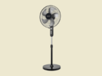 Black pedestal fan on a beige background with adjustable height stand for cooling a room