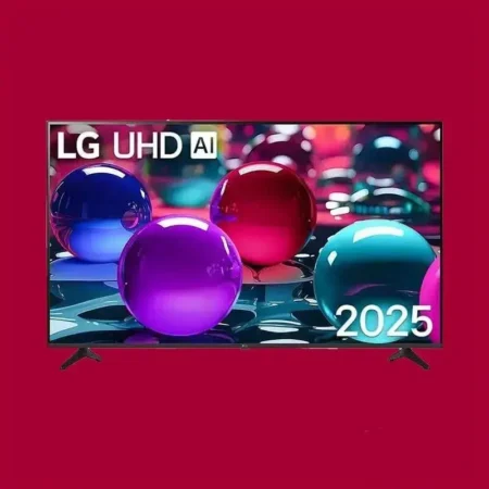 LG UHD AI 2025 television displayed against a red backdrop with colorful glass spheres on screen.
