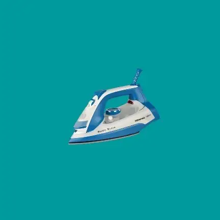 Blue and white steam iron on a teal background, isolated product image on a solid color backdrop.