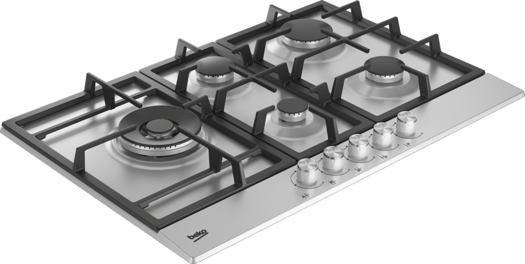 Beko 5 Burner Gas Hob 90cm HQAW75225 SX side view | Mitos Shoppers Beko 5 Burner Gas Hob 90cm HQAW75225 SX side view stainless with iron cast top Auto ignition