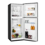 A Royal 250L Refrigerator double door standing and opened to show the Top Mount Freezer and Bottom Refrigerator Compartments Royal 250L Titan Series 5000 No Frost Double Door Refrigerator RREF250NF