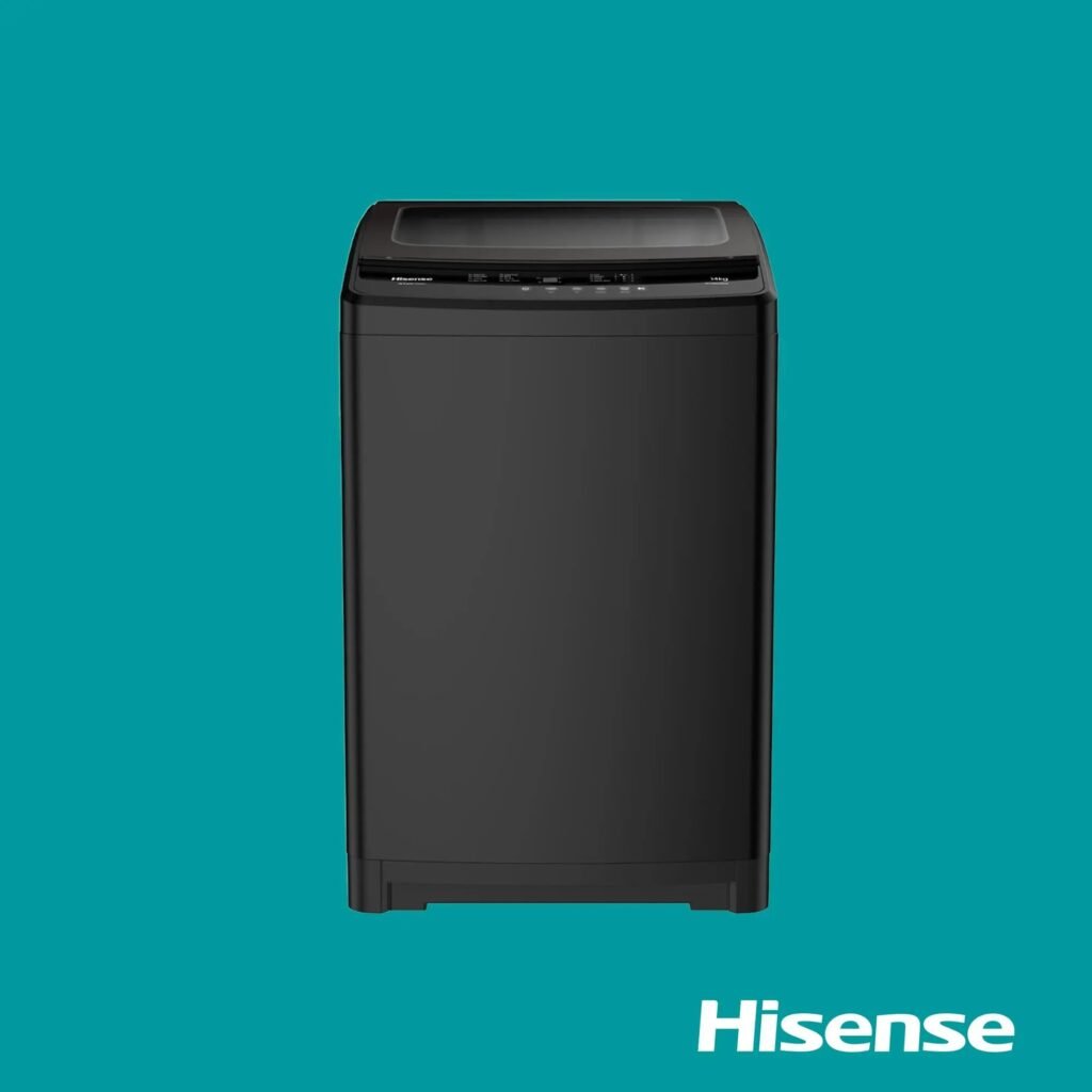 Front view of a black Hisense washing machine against a teal background with the control panel along the top edge visible