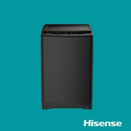 Front view of a black Hisense washing machine against a teal background, with the control panel along the top edge visible.