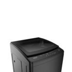 A dark front loading washing machine shown at an angled top front view with a digital control panel on the top edge and a glossy lid