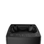 Top view of a black Hisense top loading washing machine with the lid open and control panel visible