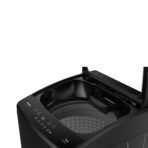 Top loading washing machine with lid open showing the drum and control panel on the front edge brand Hisense visible
