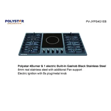 Polystar 90cm 4 Gas + 1 Electric Burner built in Hob Black Stainless Steel PV JYPS4G1EB