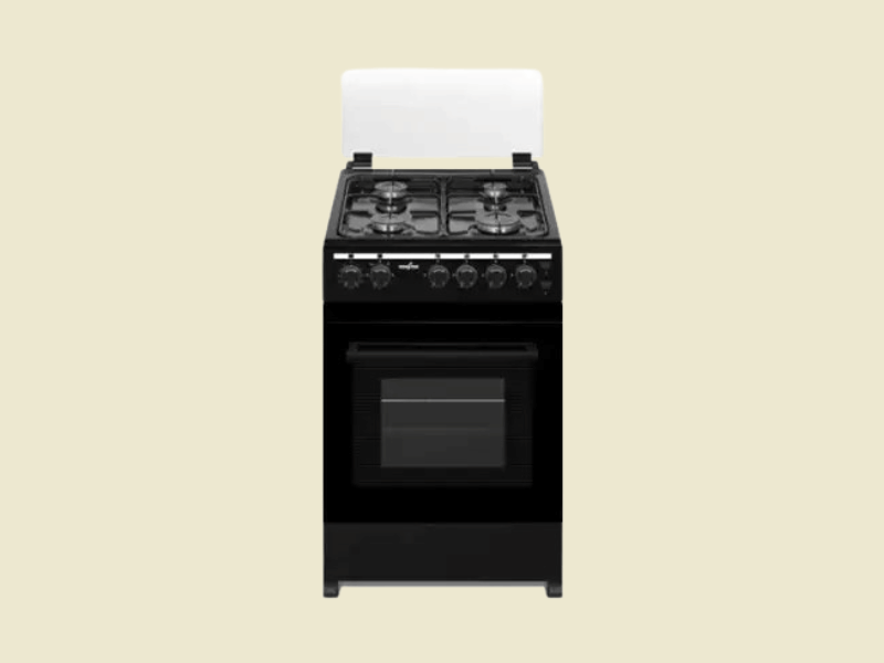 Black freestanding gas stove with four burners and an oven against a light beige background Kenstar 60×60cm 4 Burner Gas Cooker with Oven KS GCX6060 4E