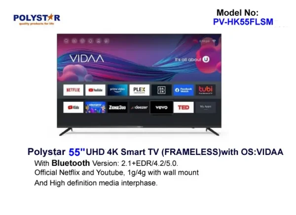Polystar 55 Inches UHD 4K Smart TV PV-HK55FLSM